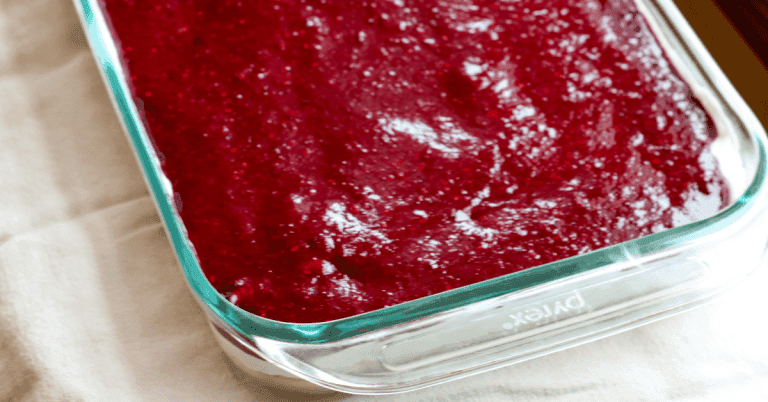 no bake cheesecake with berry topping in a glass baking dish