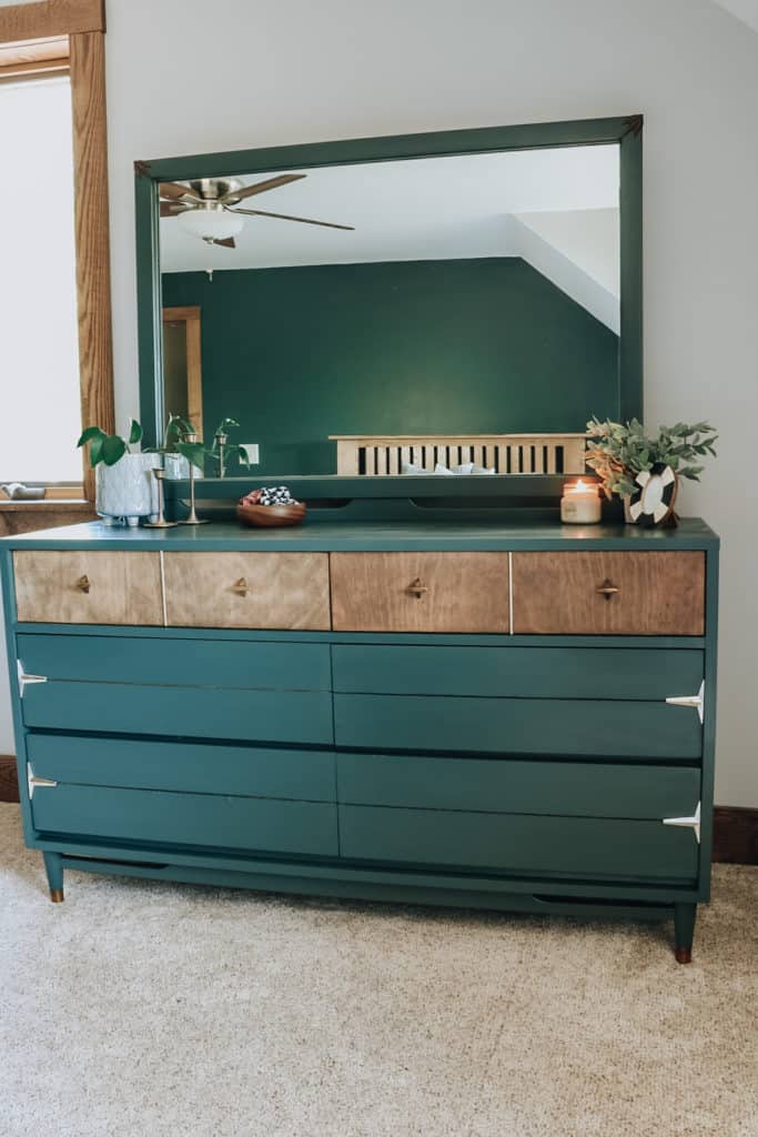 green painted mid century dresser with mirror