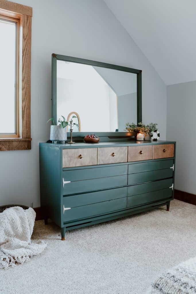 green painted dresser with mirror attached