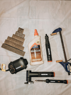 Supplies used for making rustic wood Christmas Tree