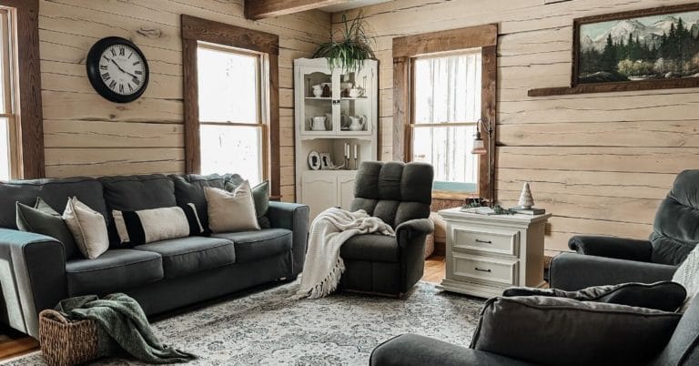 rustic living room with painted side table and corner cabinet
