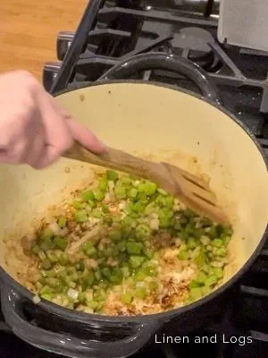 close up picture of sauteing celery and onions
