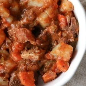 leftover roast beef stew with potatoes, carrots, bacon