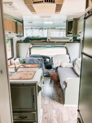 updated rv motorhome with green paint and new flooring