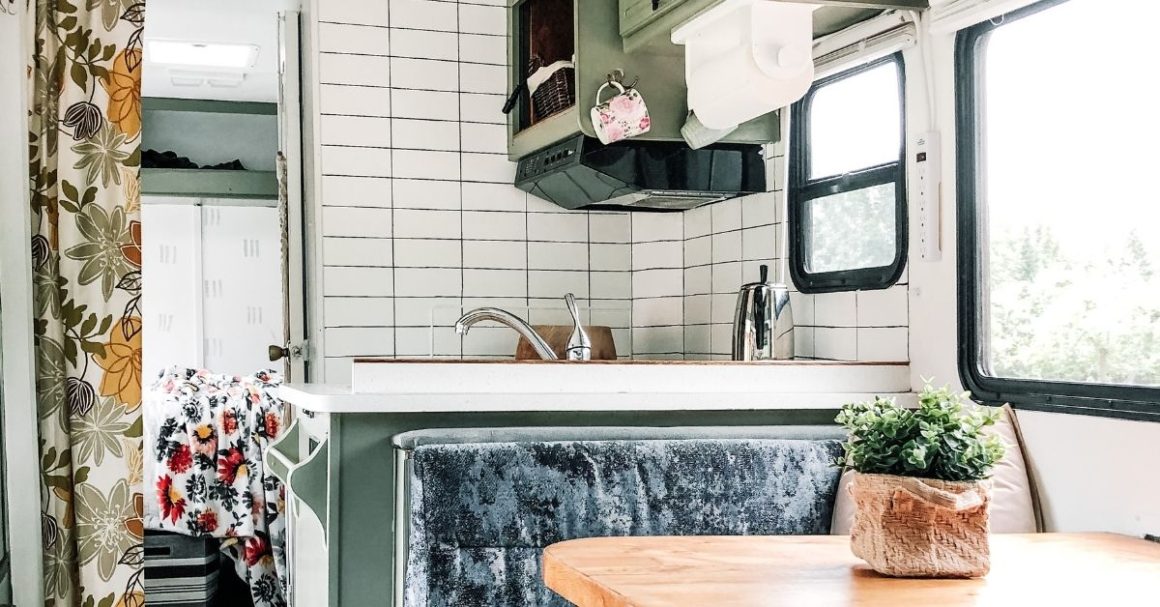 rv kitchenette reno with tile backsplash and green cabinets