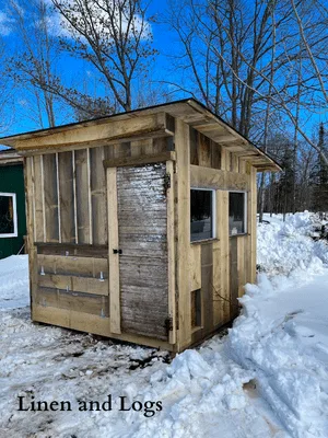 diy chicken coop made with roughy cut lumber and has nesting box access and recycled windows