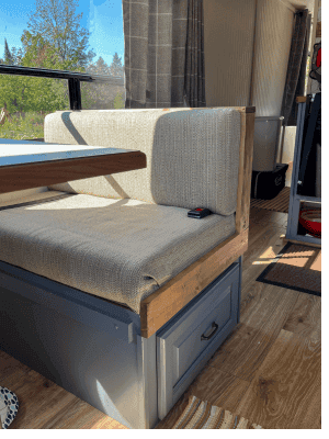 RV reno dinette cushion that has been recovered