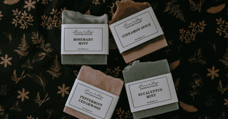 featured image for stocking stuffer ideas - photo is of the 4 soaps in the holiday soap collection - Rosemary Mint, Cinnamon Spice, Peppermint Cedarwood, and Eucalyptus Mint