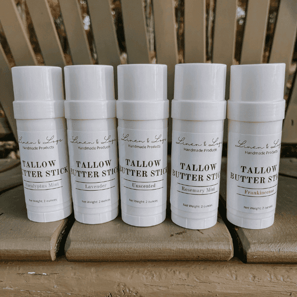 Tallow Products Linen & Logs Collection of Tallow Lotion Sticks - Eucalyptus Mint, Lavender, Unscented, Rosemary Mint, and Frankincense